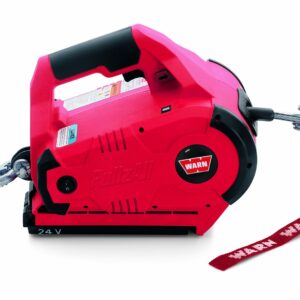 WARN 885030 PullzAll Cordless 24V DC Portable Electric Winch with Steel Cable and 1 Rechargeable Battery Pack: 1/2 Ton (1,000 lb) Lifting/Pulling Capacity, Red