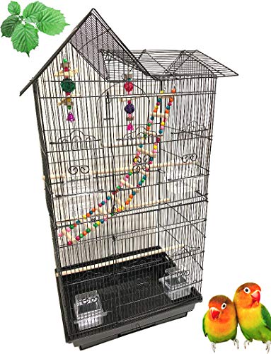 Large Double Roof Top Flight Bird Cage With Toys for Cockatiel Parakeet Conure Lovebird Budgie Parrotlet Finch Canary Small Parrot Bird Cage