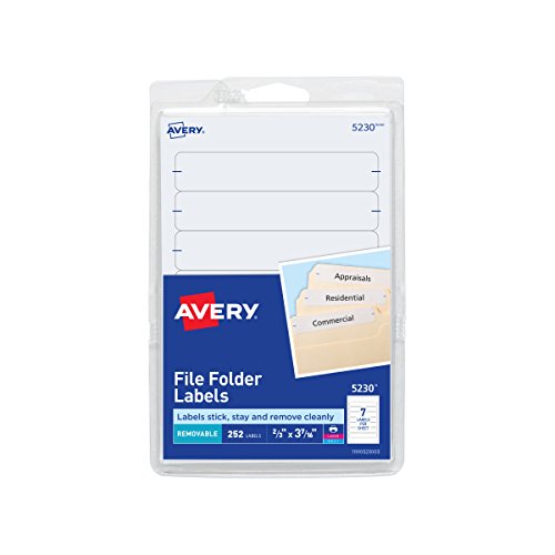 Avery File Folder Labels on 4" x 6" Sheets, Removable Adhesive, White, 2/3" x 3-7/16", 252 Labels (5230)