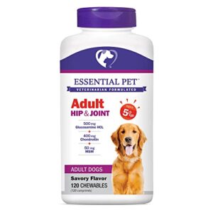 essential pet products adult dog hip & joint support chewable tablet age 5+ with 500mg glucosamine and 400mg chondroitin, 120-count