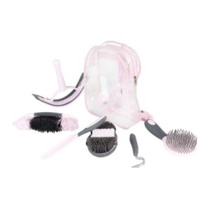 horze 6-piece easy clean horse grooming set with convenient storage bag - pink/grey - one size