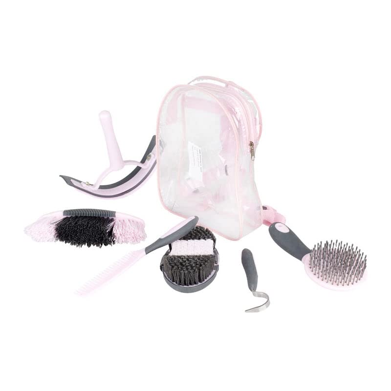 HORZE 6-Piece Easy Clean Horse Grooming Set with Convenient Storage Bag - Pink/Grey - One Size