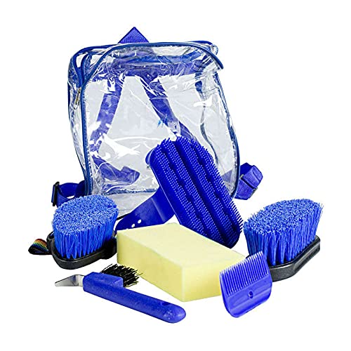 HORZE Backpack Easy-Carry Horse Grooming Set with Six Soft Grip Grooming Tools - Blue