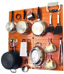 wall control kitchen pegboard organizer pots and pans pegboard pack storage and organization kit with orange pegboard and red accessories