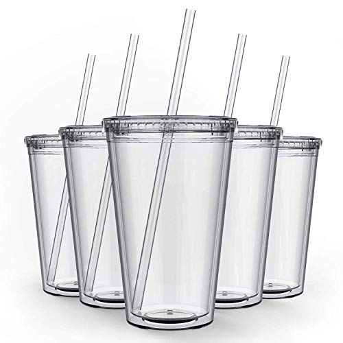 Maars Drinkware Bulk Double Wall Insulated Acrylic Tumblers with Straw and Lid (Set of 12), 16 oz, Clear