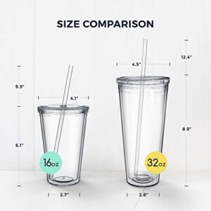 Maars Drinkware Bulk Double Wall Insulated Acrylic Tumblers with Straw and Lid (Set of 12), 16 oz, Clear