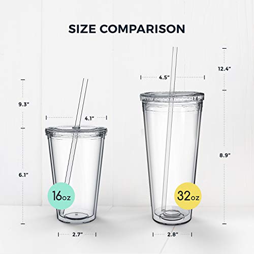 Maars Drinkware Bulk Double Wall Insulated Acrylic Tumblers with Straw and Lid (Set of 12), 16 oz, Clear