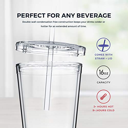 Maars Drinkware Bulk Double Wall Insulated Acrylic Tumblers with Straw and Lid (Set of 12), 16 oz, Clear