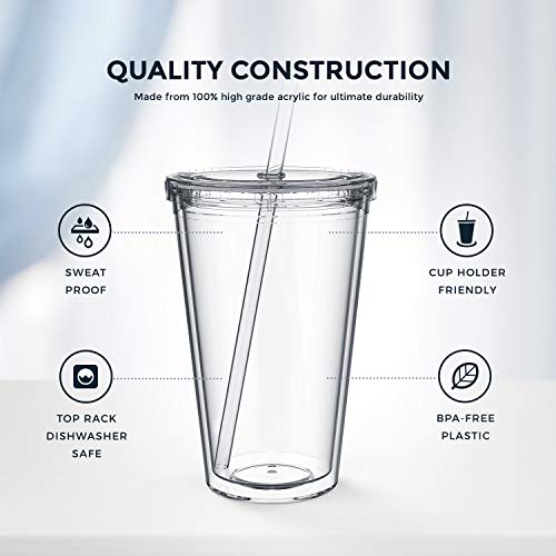 Maars Drinkware Bulk Double Wall Insulated Acrylic Tumblers with Straw and Lid (Set of 12), 16 oz, Clear