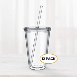 Maars Drinkware Bulk Double Wall Insulated Acrylic Tumblers with Straw and Lid (Set of 12), 16 oz, Clear