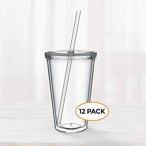 Maars Drinkware Bulk Double Wall Insulated Acrylic Tumblers with Straw and Lid (Set of 12), 16 oz, Clear