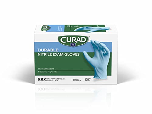 Curad Nitrile Exam Gloves, Durable, Powder Free, Chemical Resistant, One Size Fits Most, 100 Count, Blue