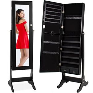 best choice products standing mirror armoire, lockable jewelry storage organizer cabinet w/velvet interior, 3 angle adjustments - black