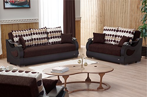 BEYAN Illinois Collection Upholstered Traditional Convertible Folding Sofa Bed with Storage Space Includes 2 Pillows, Dark Brown