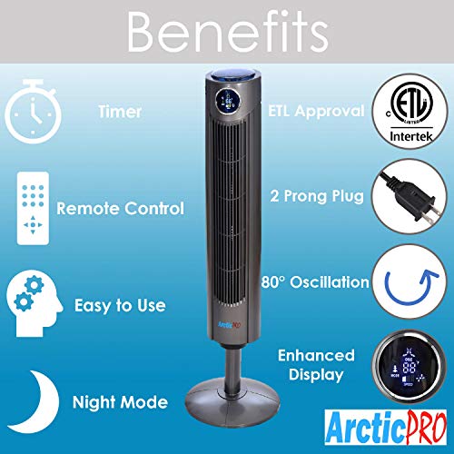 Arctic-Pro Digital Screen Oscillating Tower Fan with Remote Control, Dark Gray, 42-Inch