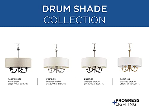 Drum Shade Collection 5-Light White Textured Linen Shade Farmhouse Chandelier Light Antique Bronze