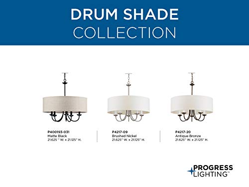 Drum Shade Collection 5-Light White Textured Linen Shade Farmhouse Chandelier Light Antique Bronze