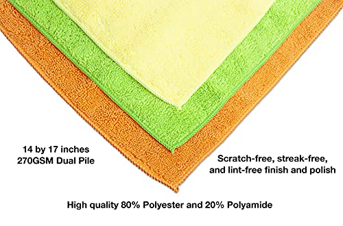 Detailer's Preference Eurow Microfiber Cleaning and Drying Cloths for Home and Auto, 14 by 17 Inches, Yellow, Green, Orange, 15 Pack