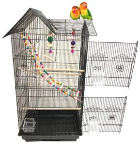 38-inch double roof top large flight bird cage with toys for cockatiels sun parakeets green cheek conures aviary budgie finch lovebird canary pet bird travel cage (18 x 14 x 38h inches, black)