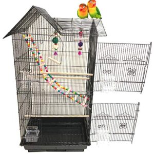 38-Inch Double Roof Top Large Flight Bird Cage with Toys for Cockatiels Sun Parakeets Green Cheek Conures Aviary Budgie Finch Lovebird Canary Pet Bird Travel Cage (18 x 14 x 38H inches, Black)