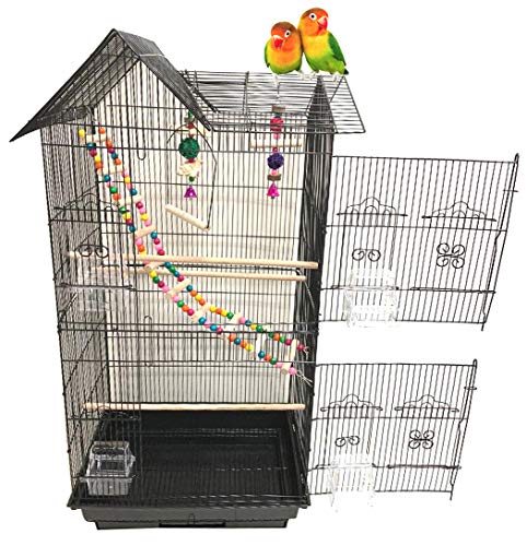 38-Inch Double Roof Top Large Flight Bird Cage with Toys for Cockatiels Sun Parakeets Green Cheek Conures Aviary Budgie Finch Lovebird Canary Pet Bird Travel Cage (18 x 14 x 38H inches, Black)