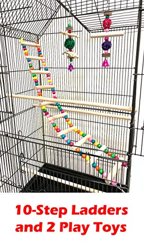 38-Inch Double Roof Top Large Flight Bird Cage with Toys for Cockatiels Sun Parakeets Green Cheek Conures Aviary Budgie Finch Lovebird Canary Pet Bird Travel Cage (18 x 14 x 38H inches, Black)