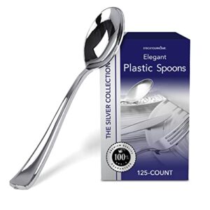 stock your home 125 disposable heavy duty plastic spoons, fancy plastic silverware looks like real cutlery - utensils perfect for catering events, restaurants, parties and weddings (silver)
