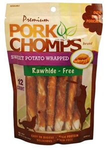 pork chomps baked pork skin dog chews, 5-inch mini twists, real sweet potato wrap, 12 count