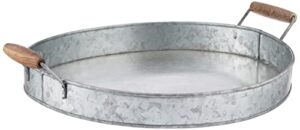 artland masonware round galvanized metal party serving tray with wooden handles, 19.5"" x 16"" x 2""