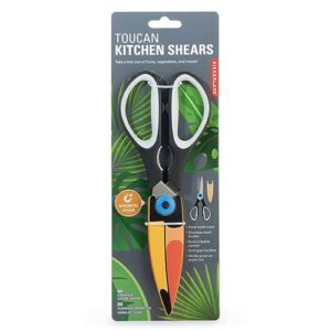 kikkerland multi-purpose ergonomic toucan kitchen shears scissors, black/orange, cutting herbs, meat trimming, kitchen tool
