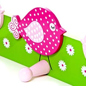 Girls Pink Bird Triple Coat Wall Door Hooks for Girls Bedroom or Nursery
