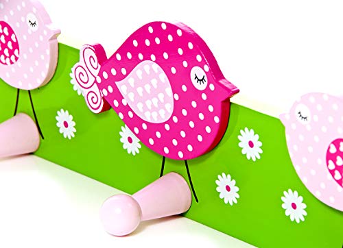 Girls Pink Bird Triple Coat Wall Door Hooks for Girls Bedroom or Nursery