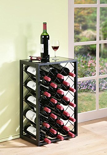 Mango Steam 23 Bottle Black Wine Rack with Glass Top Shelf, Free Standing for Home, Kitchen and Bar