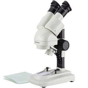 AmScope SE120 Portable Binocular Stereo Microscope, WF10x Eyepieces, 20X Magnification, 2X Objective, LED Lighting, Reversible Black/White Stage Plate, Track-Controlled Table Stand, Battery Powered