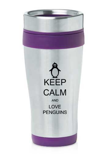 Purple 16oz Insulated Stainless Steel Travel Mug Z447 Keep Calm and Love Penguins