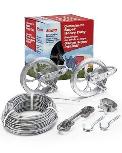 strata clothesline outdoor heavy duty kit - 150 feet galvanized wire silver pvc coating, 6.5" clothesline pulley 2pcs, metal mini winch tightener 1pc, plastic spreader/spacer 1pc & 2 metal hooks