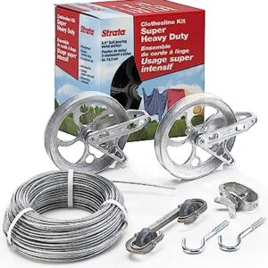 Strata Clothesline Outdoor Heavy Duty Kit - 150 Feet Galvanized Wire Silver PVC Coating, 6.5" Clothesline Pulley 2pcs, Metal Mini Winch Tightener 1pc, Plastic Spreader/Spacer 1pc & 2 Metal Hooks