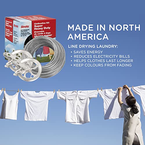 Strata Clothesline Outdoor Heavy Duty Kit - 150 Feet Galvanized Wire Silver PVC Coating, 6.5" Clothesline Pulley 2pcs, Metal Mini Winch Tightener 1pc, Plastic Spreader/Spacer 1pc & 2 Metal Hooks