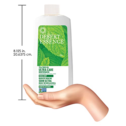 Desert Essence Ultra Care Mouthwash, Mega Mint, 16 fl oz - Alcohol Free, Sugar Free, Gluten Free, Vegan, Non-GMO - Aloe, Sage, Chamomile, Tea Tree Oil, Peppermint & Spearmint Essential Oils