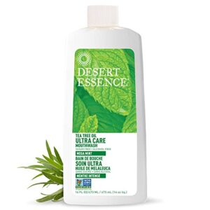 Desert Essence Ultra Care Mouthwash, Mega Mint, 16 fl oz - Alcohol Free, Sugar Free, Gluten Free, Vegan, Non-GMO - Aloe, Sage, Chamomile, Tea Tree Oil, Peppermint & Spearmint Essential Oils