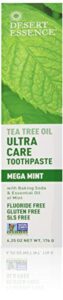 desert essence tea tree oil ultra care toothpaste 6.5 oz - non-gmo, gluten free, vegan, cruelty free, fluoride free - pure australian tea tree oil, baking soda & chamomile, fights bacteria & plaque