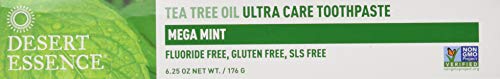 Desert Essence Tea Tree Oil Ultra Care Toothpaste 6.5 oz - Non-GMO, Gluten Free, Vegan, Cruelty Free, Fluoride Free - Pure Australian Tea Tree Oil, Baking Soda & Chamomile, Fights Bacteria & Plaque