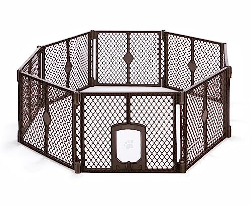 North States MyPet 34.4 Sq. Ft. Petyard Passage: Made in USA, 8-panel pet enclosure with lockable pet door. Freestanding. (26" Tall, Brown)