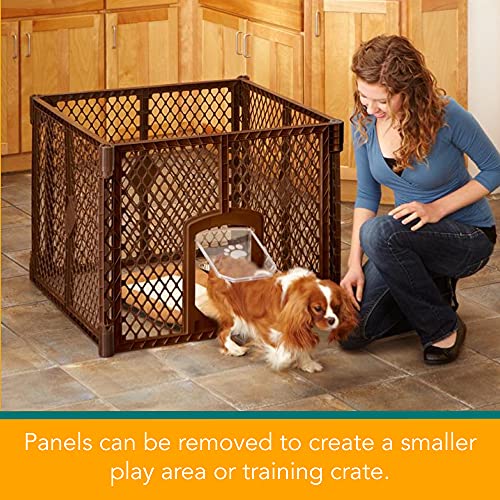 North States MyPet 34.4 Sq. Ft. Petyard Passage: Made in USA, 8-panel pet enclosure with lockable pet door. Freestanding. (26" Tall, Brown)