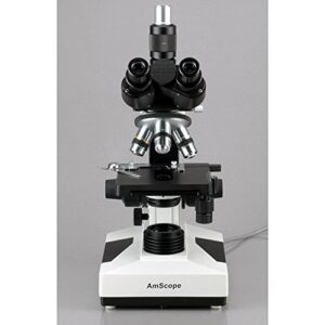 AmScope T490 Compound Trinocular Microscope, WF10x Eyepieces, 40X-1000X Magnification, Brightfield, Halogen Illumination, Abbe Condenser, Double-Layer Mechanical Stage, Sliding Head, High-Resolution Optics