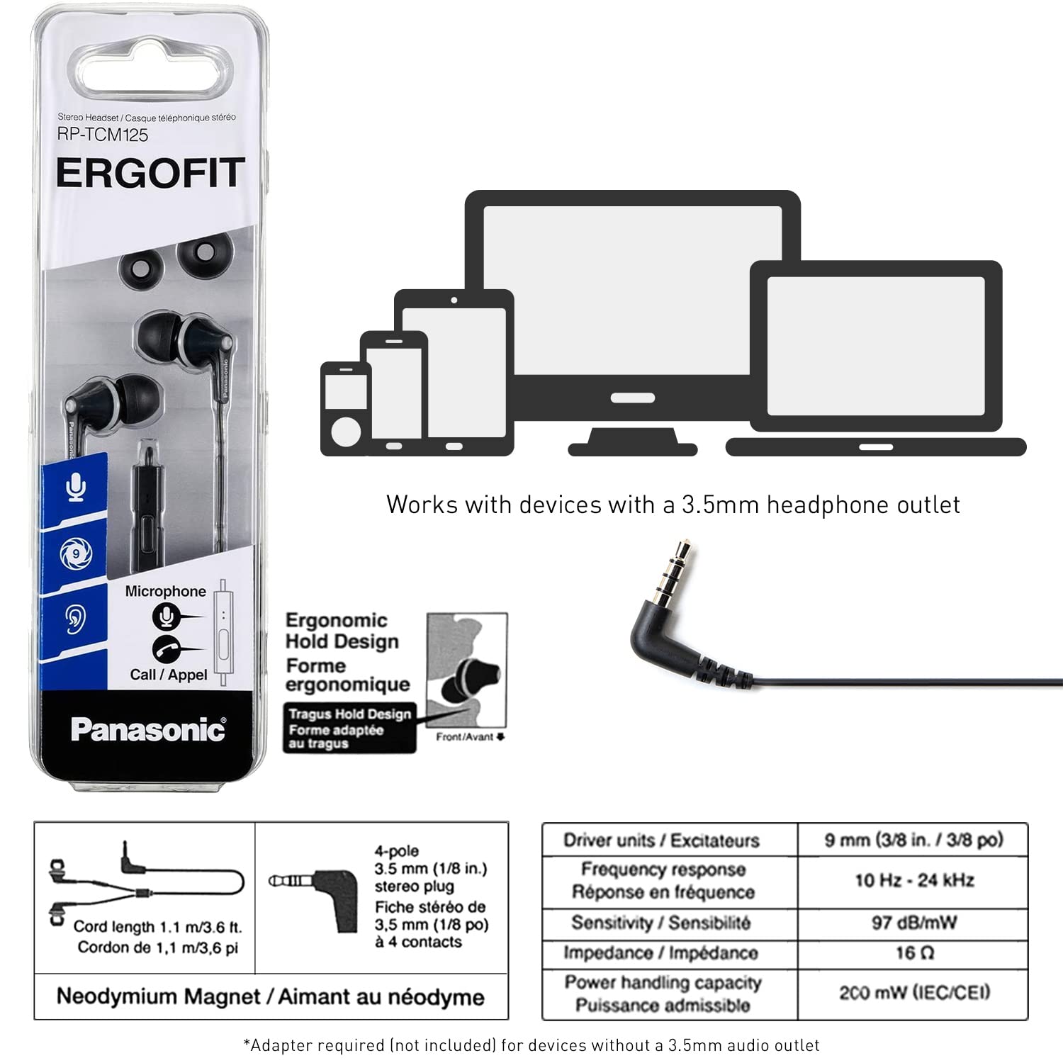 Panasonic ErgoFit Wired Earbuds, In-Ear Headphones with Microphone and Call Controller, Ergonomic Custom-Fit Earpieces (S/M/L), 3.5mm Jack for Phones and Laptops - RP-TCM125-K (Black)