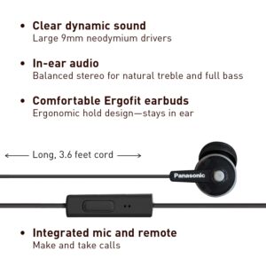 Panasonic ErgoFit Wired Earbuds, In-Ear Headphones with Microphone and Call Controller, Ergonomic Custom-Fit Earpieces (S/M/L), 3.5mm Jack for Phones and Laptops - RP-TCM125-K (Black)