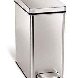 simplehuman 10 Liter / 2.6 Gallon Stainless Steel Bathroom Slim Profile Trash Can, Brushed Stainless Steel