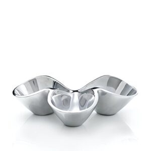 nambe bella triple condiment server | 3 part divided serving tray for condiments, dips, appetizers, and snacks | made of metal alloy | designed by steve cozzolino