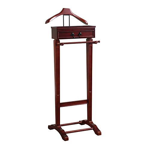 Proman Products Bombay Suit Valet Stand VL16700 with Drawer, Top Tray, Contour Hanger, Trouser Bar, and Shoe Rack, 18" W x 16" D x 48" H, Mahogany